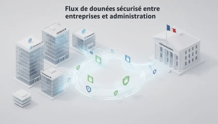 L'image illustre un flux de données sécurisé entre entreprises et administration, mettant en avant la transmission d'informations telles que les factures électroniques. Ce processus est essentiel pour les entreprises établies en France, notamment dans le cadre de la facturation assujettie à la TVA et des obligations liées à la réforme de la facturation électronique.